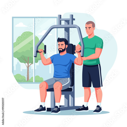 Personal trainer assisting man exercising on chest press machine in gym