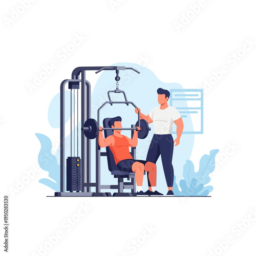 Personal trainer assisting man lifting weights on gym machine, fitness workout