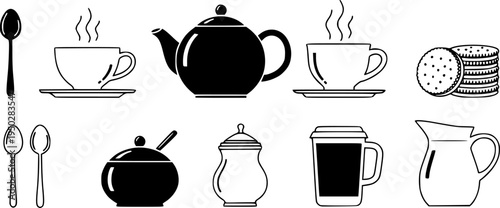Minimalist tea and coffee icons: teapot, cup, sugar bowl, milk jug, spoons, biscuits
