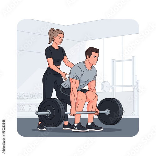 Personal trainer assisting man with deadlift exercise in gym