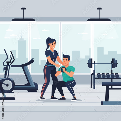 Personal trainer assisting man with kettlebell squat in modern gym with city view