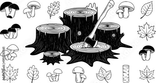 Illustration of tree stumps and axe icon set with mushrooms and leaves
