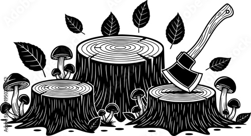 Illustration of tree stumps and axe icon set with mushrooms and leaves
