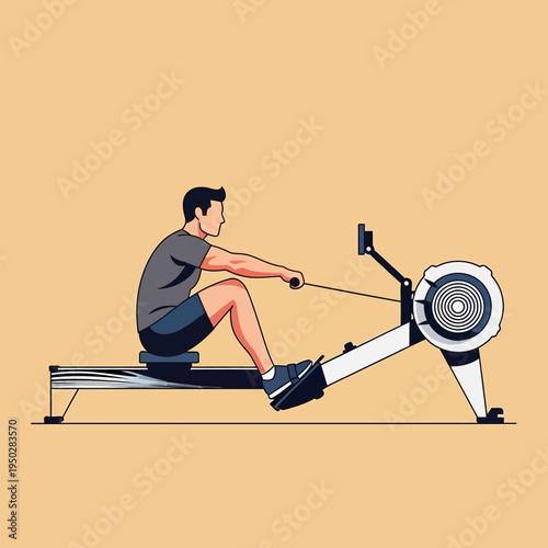 Man rowing on a fitness machine, indoor exercise, healthy lifestyle, full body workout