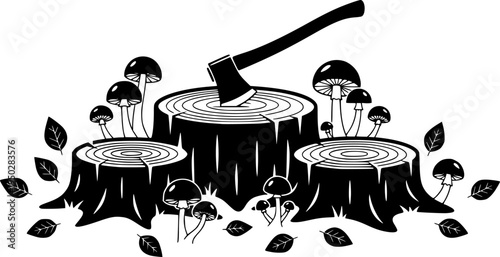Illustration of tree stumps and axe icon set with mushrooms and leaves

