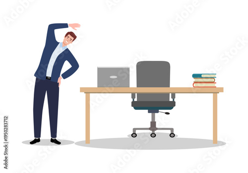 Employee doing stretching or small exercise at workplace to get rest and relaxation. Removing tension and muscle soreness character in flat design.