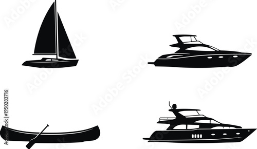 Boat silhouettes set with sailboat yacht motorboat and canoe vector illustration nautical water transport icons marine travel symbols isolated on light background