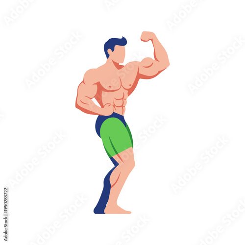 Muscular bodybuilder flexing bicep, showing off physique in athletic shorts, isolated on white background