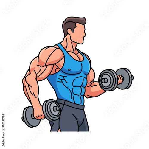 Muscular man doing bicep curls with dumbbells, fitness and workout concept