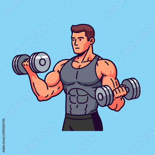 Muscular man doing bicep curls with dumbbells, fitness and workout concept