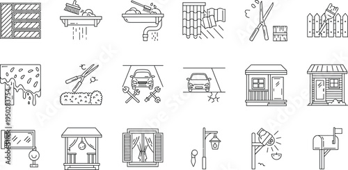 Professional Gardening and Landscaping Icon Set Featuring Lawn Care Equipment Yard Maintenance Tools Pruning Shears and Outdoor Gardening Graphics