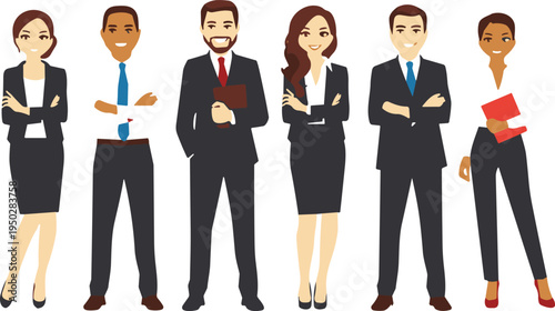 Business people team vector illustration, diverse professional office workers in formal suits standing together, corporate staff characters set for teamwork, leadership and company concept