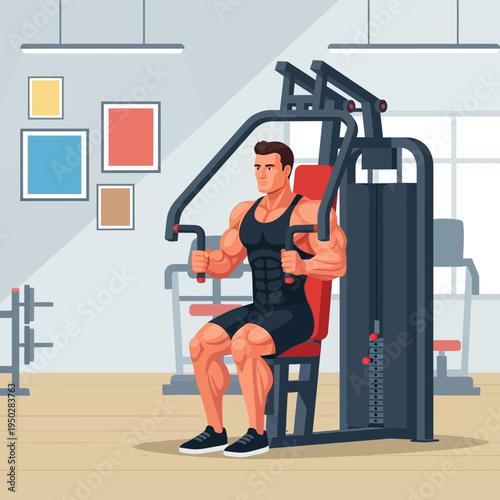 Muscular man exercising chest on a machine in a modern gym