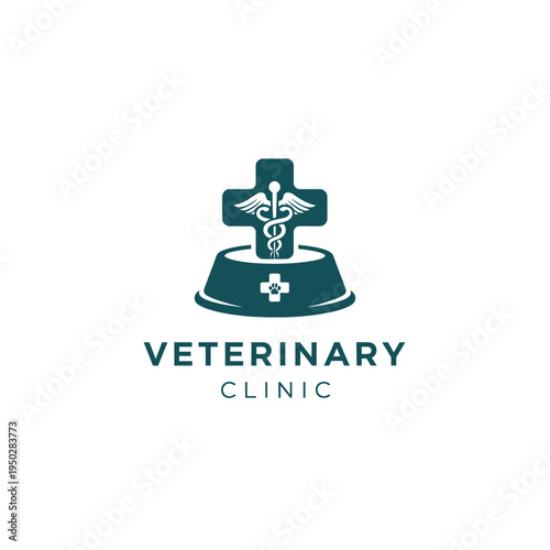 Veterinary clinic logo with caduceus cross and pet bowl