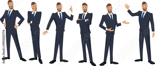 Businessman character set with different poses professional corporate man cartoon vector illustration for business presentation leadership communication office management marketing design and branding
