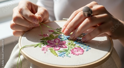 Woman hands embroidering floral pattern fabric.