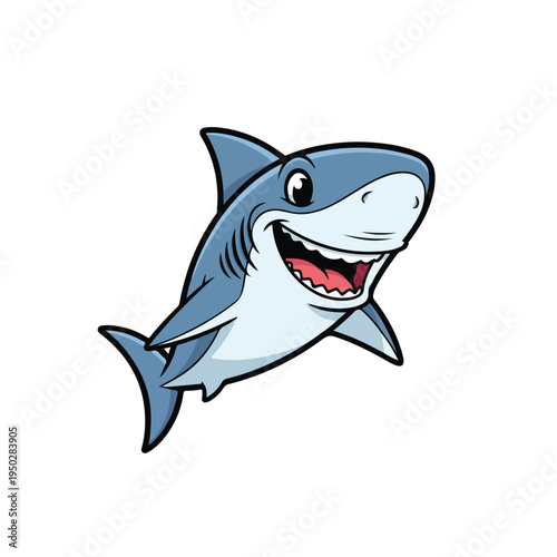 Smiling shark cartoon character swimming in ocean waters happily
