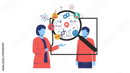 Unveiling the Mysteries of Science: In a vibrant illustration, two individuals are deeply engrossed in scientific exploration. They are surrounded by complex scientific symbols and diagrams.