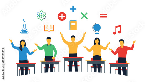 Education Empowerment: An illustration capturing the dynamic scene of a diverse group of students eagerly engaging in learning, surrounded by iconic symbols of education and intellectual curiosity.