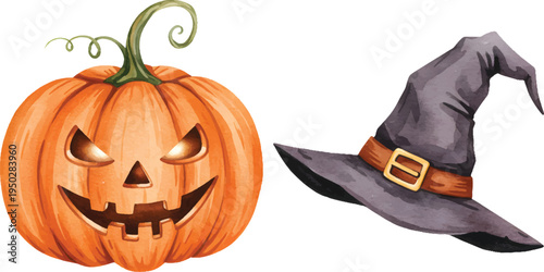 Vector Illustration Watercolor Halloween Jack-o'-lantern and Witch Hat Illustration