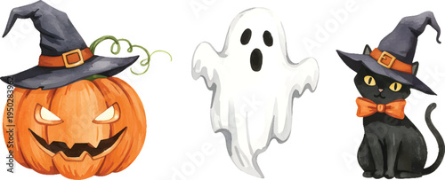 Vector Illustration Halloween Elements Set with Pumpkin, Ghost, and Black Cat