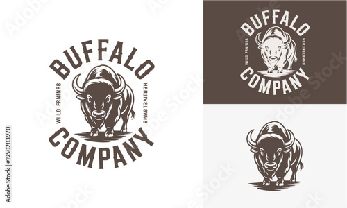 Robust American bison logo illustration, crafted in a detailed vintage emblem style, ideal for strong brand identity, featuring a powerful buffalo with classic typography on a rustic badge