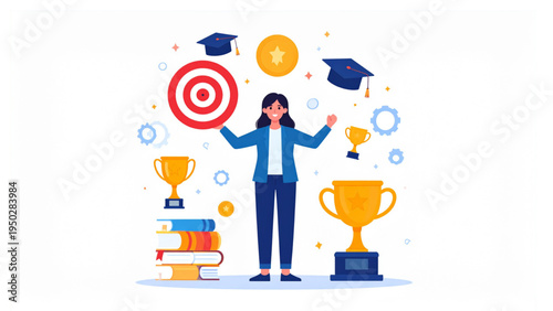 Ambitious Young Woman Achieving Goals and Dream Success Motivation Concept Vector Illustration