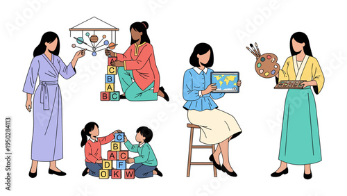 Artistic Inspiration: Illustrative depiction of a collection of artistic individuals engaging in creative activities, showcasing diversity and inspiration. 