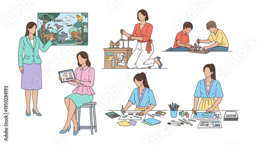 Women in Arts and Crafts : A collection of skilled women engaged in arts and crafts, demonstrating creativity, knowledge, and passion, perfect for illustrating DIY projects and artistic pursuits.