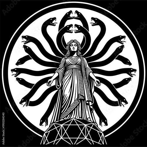 Medusa Gorgon full body radial snakes circle geometric pedestal