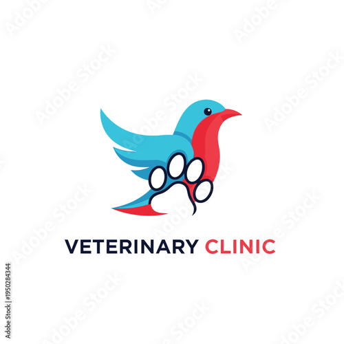 Creative bird veterinary clinic logo featuring colorful avian silhouette and paw icon set