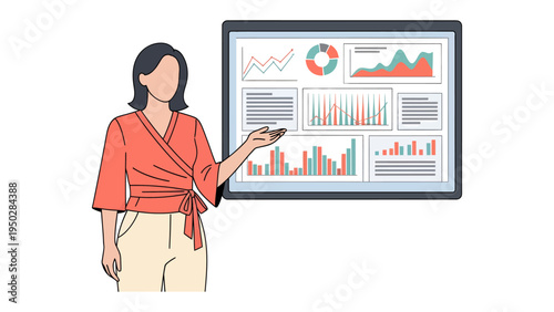 Data Presentation: A professional woman in a presentation, highlighting various charts and graphs displayed on a large screen.