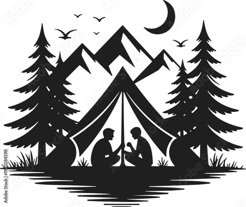 Camping in mountains silhouette vector illustration, couple sitting inside tent under moon with pine trees and birds, outdoor adventure nature travel concept