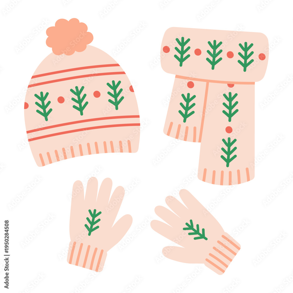 Obraz premium Winter accessories set. Knitted hat, scarf, and gloves with scandinavian pattern. Cozy seasonal clothing elements isolated on white background. Illustration for winter fashion, holiday design