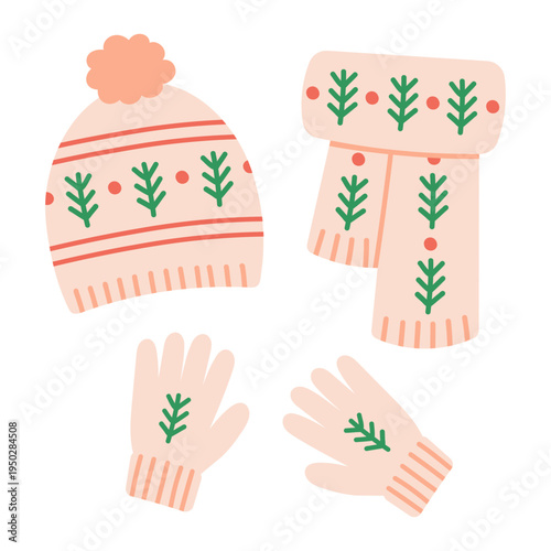 Winter accessories set. Knitted hat, scarf, and gloves with scandinavian pattern. Cozy seasonal clothing elements isolated on white background. Illustration for winter fashion, holiday design