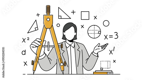 Precise Planning: A female figure masterfully employs a compass amidst a scattering of geometric shapes and mathematical symbols, embodying precision and the analytical rigor of scientific inquiry.
