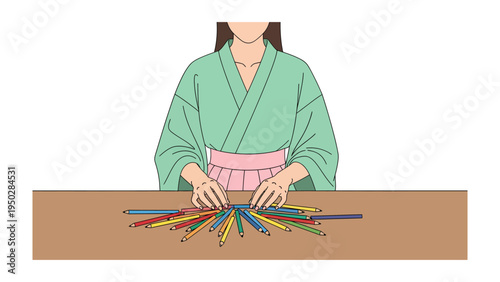 Coloring Choices: A person with traditional outfit, thoughtfully selecting from an array of vibrant coloring pencils, ready to create with art.