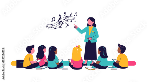 Harmony in Music Class: A dedicated teacher guides a group of attentive children through the intricate world of musical notation. The children and teacher are in harmony.