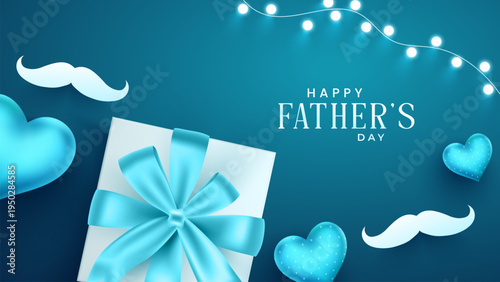 Fathers day greeting card design with gift box ribbon bow mustache shapes hearts hanging lights and happy fathers day. Fathers Day greeting card with gift box mustache hearts lights designs