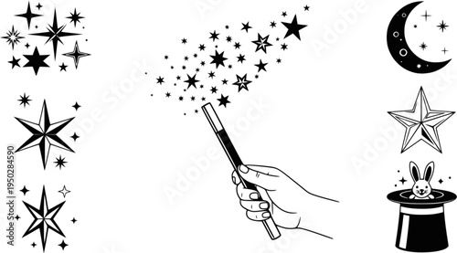 Magic wand icons: sparkles, stars, moon, and rabbit hat
