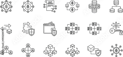 Set of Blockchain, Cryptocurrency, and Smart Contract Icons in Line Art Style for Digital Currency, Security, and Network 