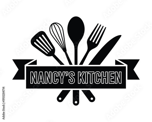 Black and white graphic logo featuring kitchen utensils and a banner for Nancys Kitchen