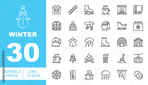 Winter Apparel & Cozy Lifestyle Icons. Editable stroke vector icons for cold weather and holiday season. Featuring winter jackets, beanies, scarves, mittens, ice skates, fireplaces, hot cocoa