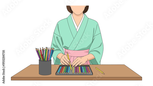 Harmony of Colors: A woman, dressed in a traditional kimono, carefully selects a color pencil from an array on a desk, capturing the essence of focused creativity and artistic expression.