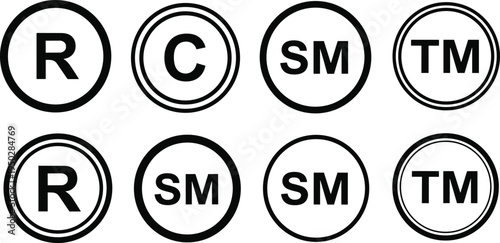 Collection of trademark and copyright symbols in circles service mark registered