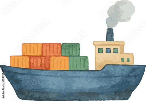 Watercolor vector illustration of a cartoon cargo ship
