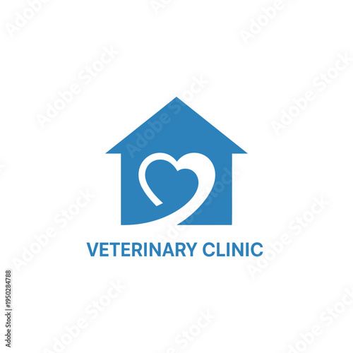 Blue house silhouette with heart shape for home veterinary services and pet boarding logo
