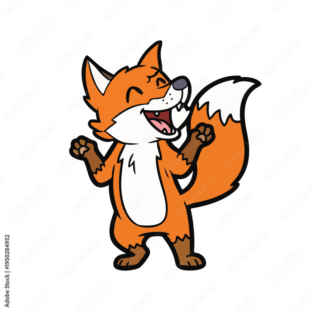 Obraz premium Cartoon fox character with orange and white fur dancing happily on white background