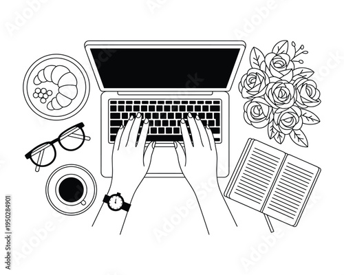 Overhead view of hands typing on laptop surrounded by breakfast and flowers for worklife balance