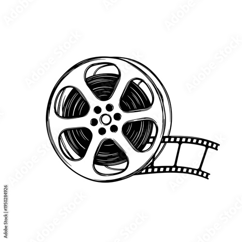 Film reel with unspooled strip in hand-drawn style  
